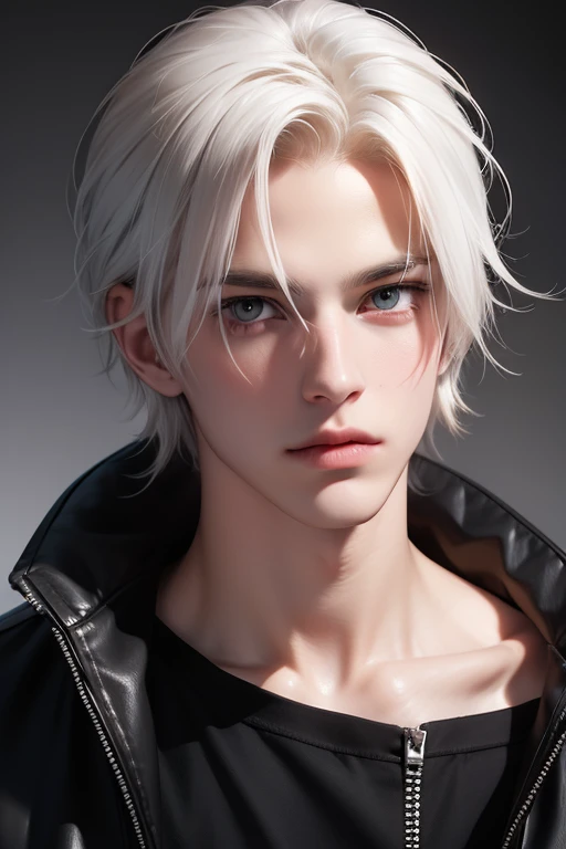 anime boy, handsome face, cold gaze, albino eyes, albino white hair, white skin like albino, all black clothes, silver background, sharp eye details, sharp face details, body details, make 4k and 8k images