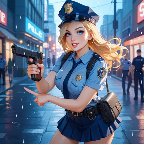 1 Female、American Beauty、Super beautiful、Facial beauty、blue eyes、Standing、New York Police Uniform、mini skirt、Golden Hair、Night Street、Backlight、The wind is blowing、it&#39;s raining、He is looking intently at the barrel of the gun.、Thigh-up shot、pointing pis...