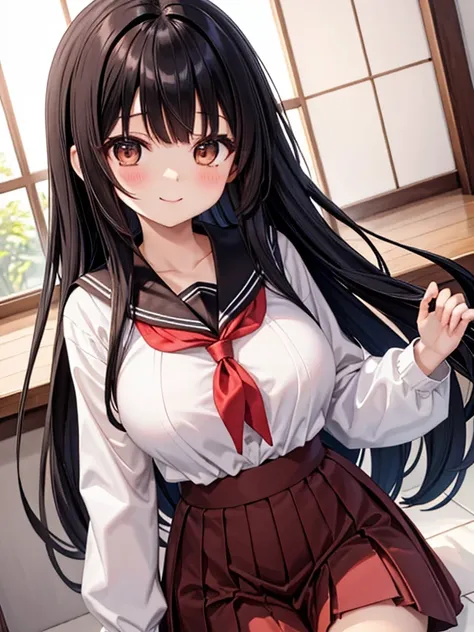  Hair.  Anime Girl .   asian girl . Ulzzang.  brown eyes.  smiles. Seifuku、 black hair long hair, big breasts、