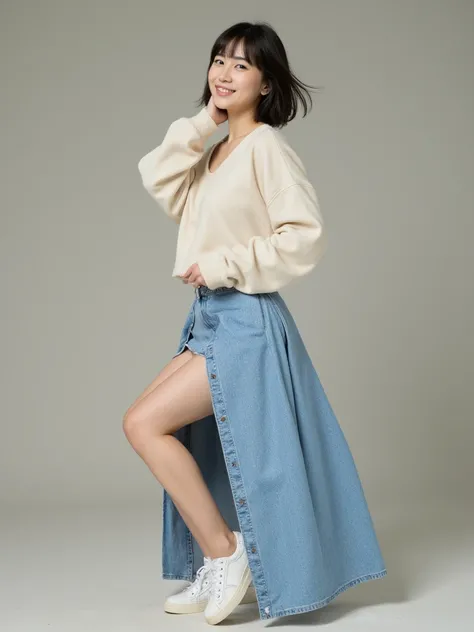 Japanese beautiful young woman, wearing a sweat, wearing a jeans long skirt, natural makeup, wearing white sneakers, beautiful raw legs from the short slit of skirt, smiling, big breasts,lying,from above,black bob,