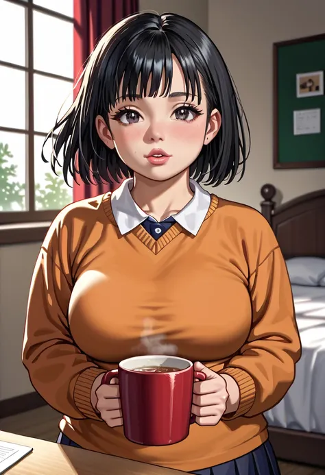 ( 1 girl:1.3), masterpiece,  top quality,  Amazing Beauty , 4K,   is ridiculous,  in detail, Super detailed eyes ,  perfect anatomy,  Official Art,  cinematic lighting , break, ((((Bright bedroom)))),  twin blade  (short), (  black hair:1.5), ((Dark eyes w...