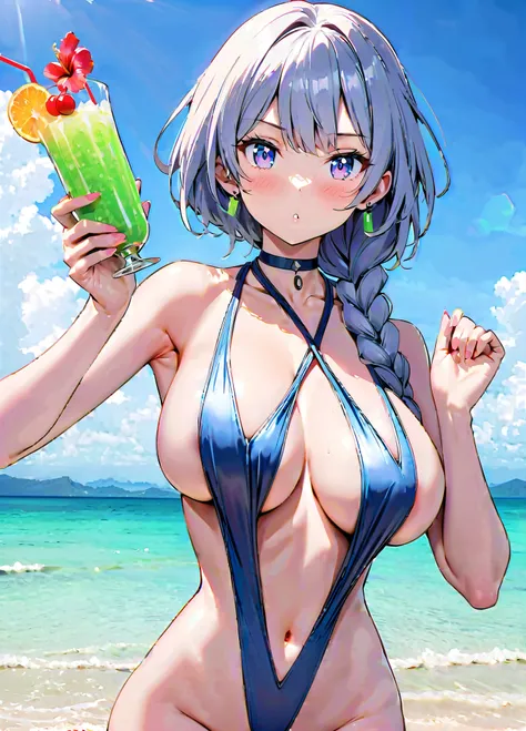 score_9, score_8_up, score_7_up, source_anime BREAK 1girl, solo,  dqBianca, single braid, hair over shoulder, earrings, choker, (large breasts:0.8), slingshot swimsuit, halterneck, looking at viewer, blush, holding tropical drink, ocean, blue sky, lens fla...