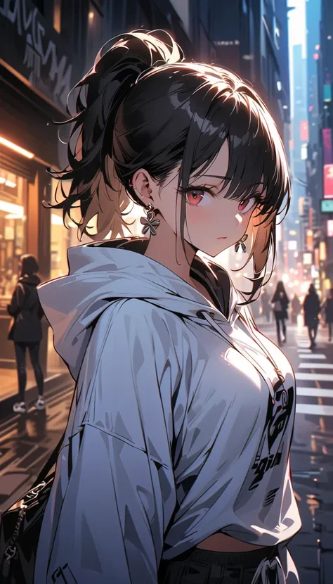 ( beautiful girl  : 1.3), 1 girl,( oversized white hoodie,Earrings, bracelets in the room,thigh, sneakers), black hair, ponytail, expressionless ,City street corner,masterpiece, top quality, super high resolution, rich contrast, high definition,8k, High De...