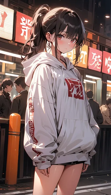 ( beautiful girl  : 1.3), 1 girl,( oversized white hoodie,Earrings, bracelets in the room,thigh, sneakers), black hair, ponytail, expressionless ,City street corner,masterpiece, top quality, super high resolution, rich contrast, high definition,8k, High De...