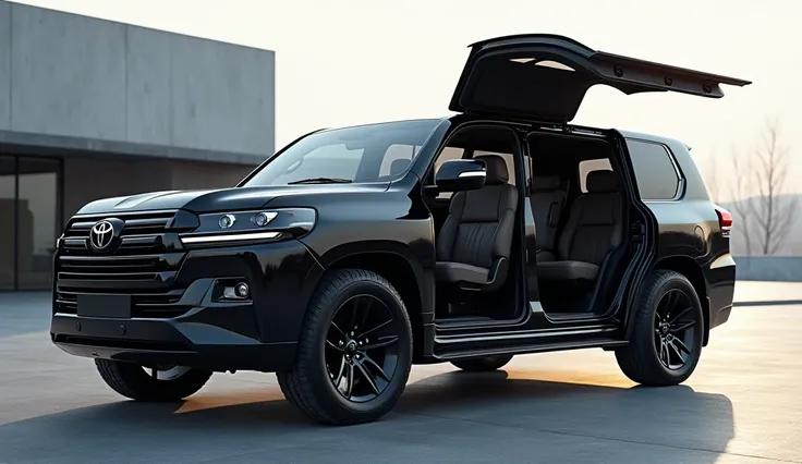 A stunning high-resolution image of a 2025 (Toyota land cruiser) in black color, with the camera meticulously focused interacted open drunk design. 