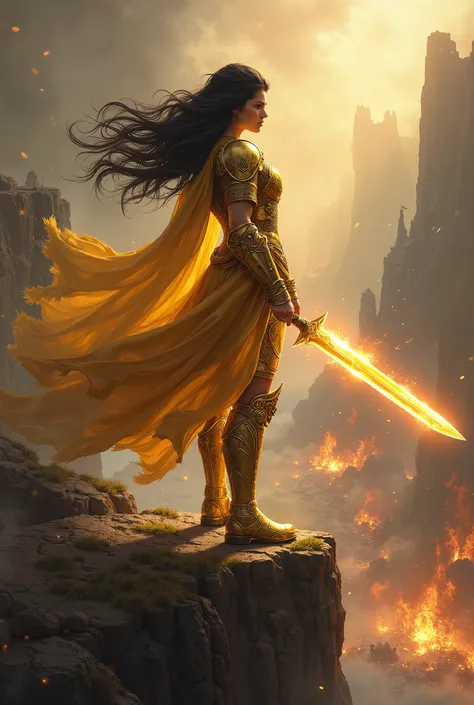 "A heroic female warrior in golden armor holding a glowing sword, standing on a cliff overlooking a battle, with flowing black hair and a fierce expression, fantasy illustration, intricate detail."