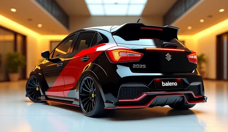 create an ultra-detailed 3D render straight back view , of a modern 2025 Suzuki baleno with a bold design captured from straight back view. The car should feature a 'Gleamy shiny black and red mixup  ' color with a 'brand'   ' logo on its back, a large whi...