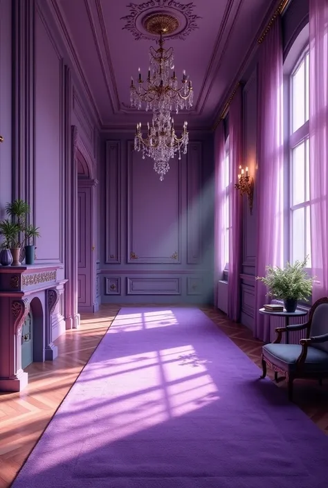 Generate an image of make a picture with Canva element graphics with a pov of the royal living room, maybe a hallway or something else, with purple tones, and HD version.In the style of 3D rendering, with 16:9 aspect ratio.