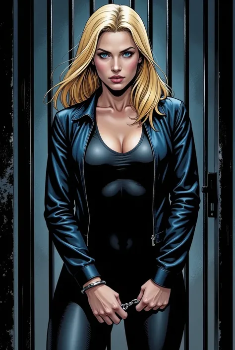 comic book artwork,  Black Canary. blonde hair with her dark blue jacket and leotard, with a glare of defiance as her hands are cuffed behind her back in a jail cell