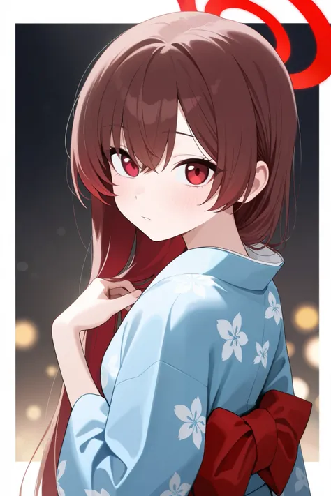 1 girl, Hair length reaches the back, Brown hair and red hair on the edges of the hair, red eyes, but not bright, Wear a kimono suit, หน้าอกไซส์ปานกลาง, have a red halo