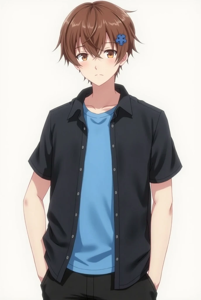 He is a white-skinned man, he is from an anime, he has brown hair with straps on the front, he wears a blue t-shirt and a black shirt with short sleeves and he wears black pants. 