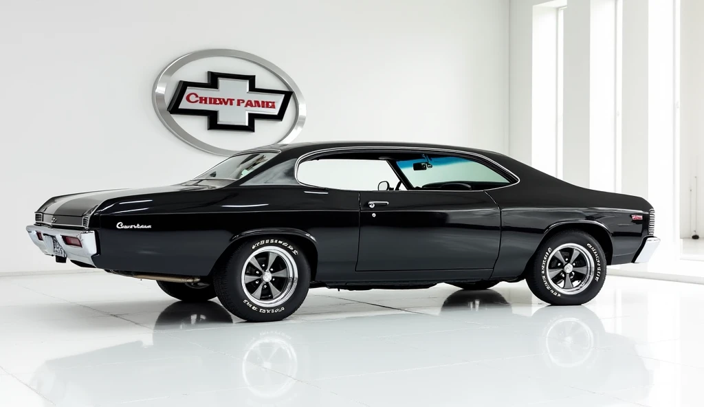 A photo of a bright (black Color ) ( Chevrolet Chevelle Malibu)  in a luxurious white showroom. The car's side view is fully visible. The (company) badge is prominently displayed large on the wall behind the car. The floor is spotless white.