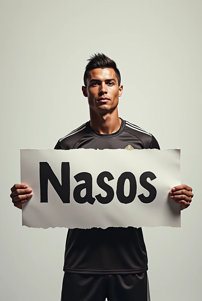 Christiano ronaldo holding a huge paper which says Nasos