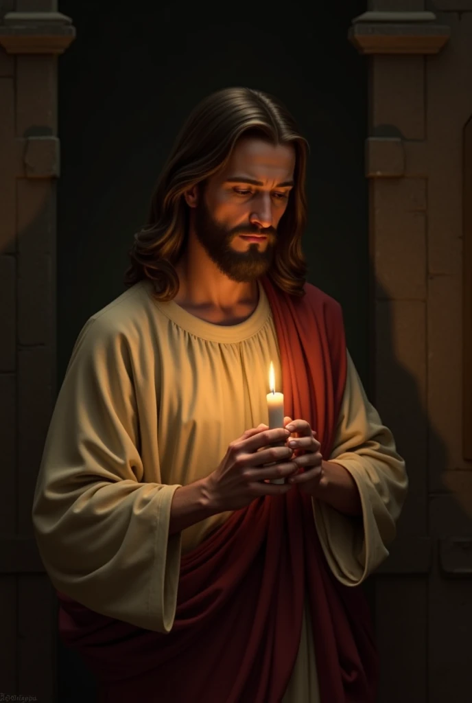 Jesus Christ holding a candle and saying a prayer 