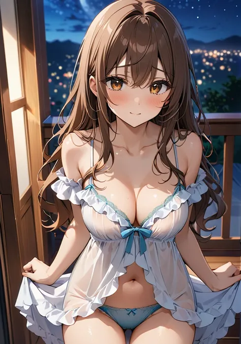 ( Ultra-fine 、 Max image  、  top quality、  Details )、  top quality,  high definition , masterpiece, (  beautiful eyes),  Detailsな顔,  Hair,  brown eyes,  long hair ,  wavy hair,  beautiful eyes 、  center of chest, nightdress、(skirt lifting underwear  )、  pa...