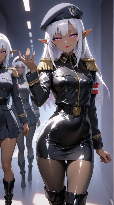 Young beautiful dark elf woman,(masterpiece, top quality, very detailed depiction, Incredibly Absurd High Resolution ,Curvaceous Body,High quality anime drawings),(female cavalry officer ,black latex military uniform with epaulettes, Tight Skirt, bodystock...