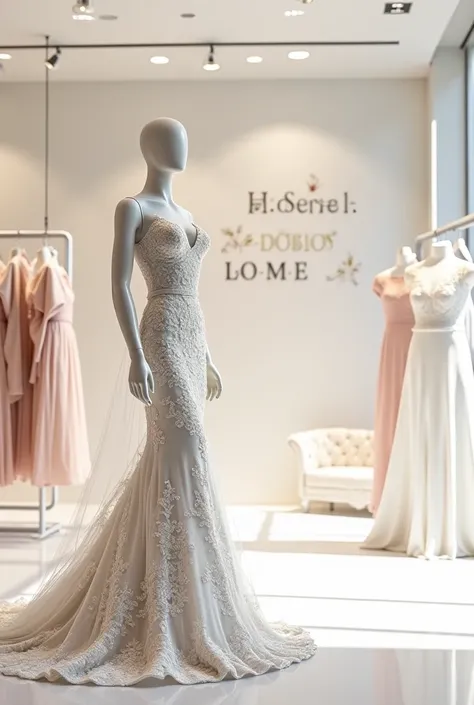 A fashion shop with a mannequin wearing a wedding garment and the brand name boldly written on the wall HANANEL FASHION HOME 