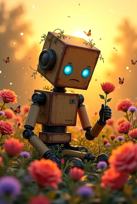 Prompt:
"A melancholic wooden robot sits in the middle of a vibrant flower garden, surrounded by blooming roses, lilies, and wildflowers. His wooden body is weathered and slightly cracked, with vines gently wrapping around his arms. His glowing blue eyes d...