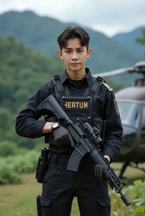 Handsome 25 year old Korean special forces, posing in front, holding airsoft, black special uniform complete with bulletproof vest, on the vest there is an inscription called (Hertum) wearing a sophisticated watch, background of a helicopter and the tropic...