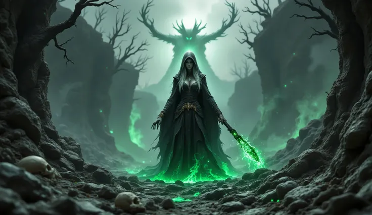 " The dark realm of the dead ,  huddled with a gray mist ,  with cracked earth ,  from which a dull greenish glow emanates .  In the background, you can see huge dark rocky cliffs and the winding roots of Yggdrasil,  rising from the gray sky . At the cente...