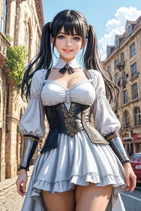 (masterpiece:1.2), [(female warrior with a ornate elegant sophisticated cover walking away), (hair between eyes, fringe),(two twin tails long hair), (long black hair flowing), (blue eyes), in a swordsman style dark armor, gorgeous platinum bracers, slender...