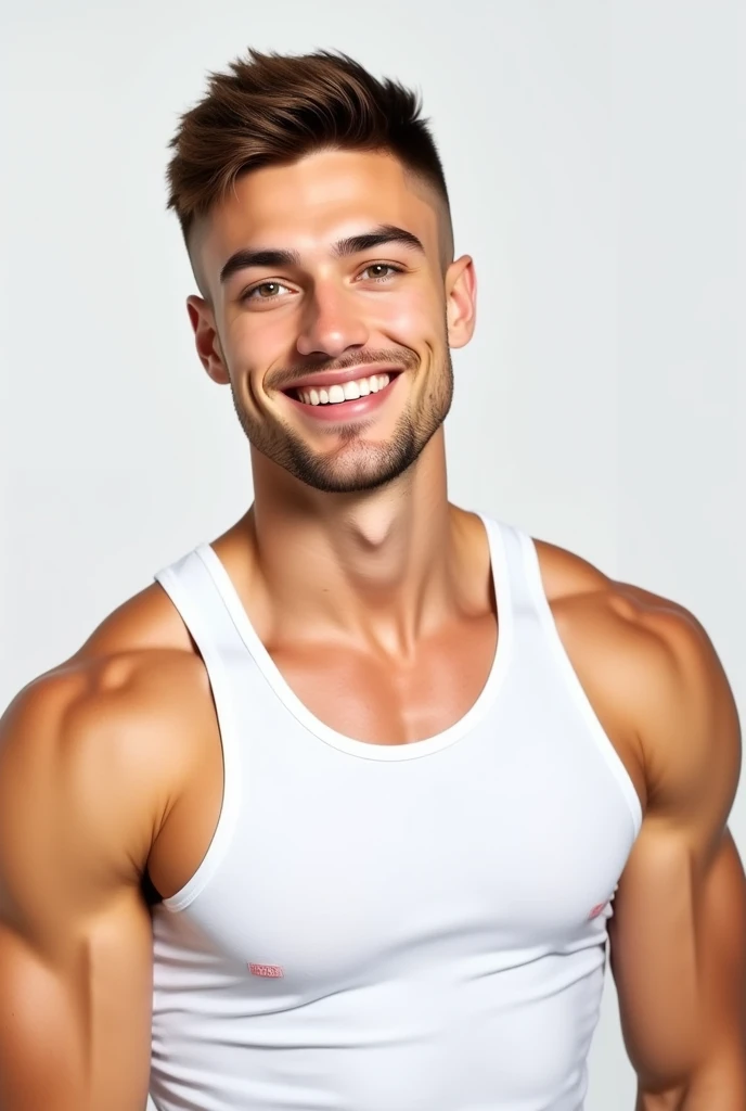 a young white man with a short and modern goatee,  wearing a white tank top 