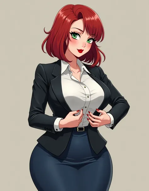 Mature,milf, young, ((big breasts 100cm)), (wide hips), red hair, light green eyes, red lipstick, secretarial attire, dark-colored suit, formal shirt and dress shoes, plus she must wear a tie, blue skirt, ((best quality)), ((best quality)), not naked, grab...