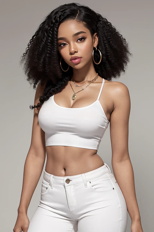 young black woman black curly hair power, necklace, Cropped Top Women's Thin Strap White Straight Neckline faded gray jeans, belly showing