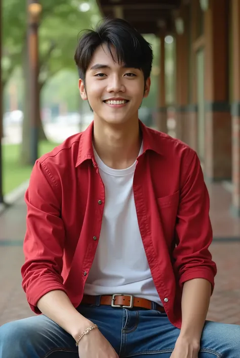  Realistic, Realistic, Natural Light , 17-year-old handsome Korean man , Wearing a red , There is a white t-shirt inside , Jeans ,  brown belt , Sitting along the aisle at Wat Chin, Sapai Pae, smiling at your teeth