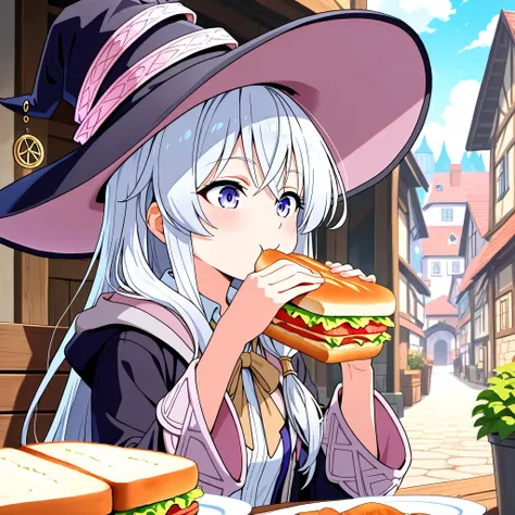 Elaina, eating a sandwich, town in background, masterpiece, best quality, High resolution 