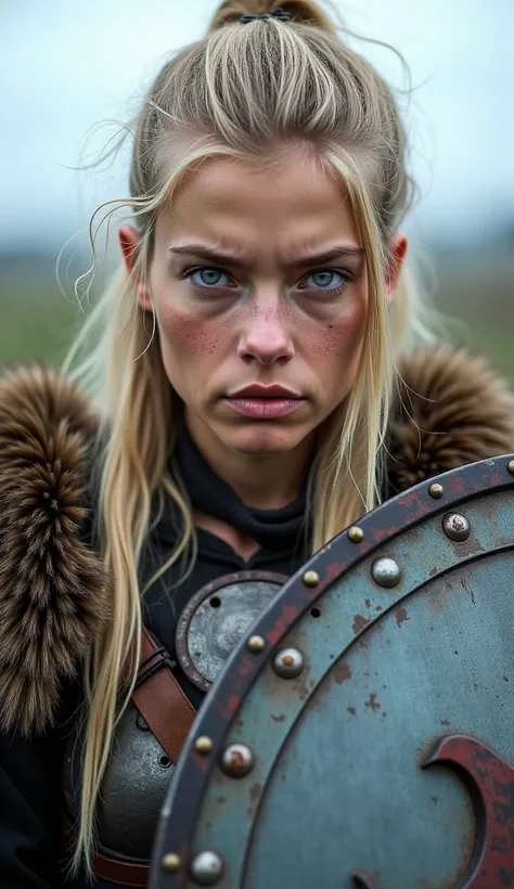  A portrait of a wild Viking shieldmaid , blondes,  dirty and oily hair ,  blue eyes ,Well-defined facial lines ,  menacing represents bravery and resilience in a harsh landscape,  detailed information about the armor and shield of the Vikings 