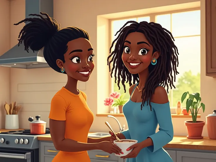 cartoon style of  Two black adult woman in a kitchen, with one smiling joyfully at the camera and the other cooking  with short dreadlocks, appearing relaxed. The kitchen's interior shows a very beautiful kitchen settings, cabinets, kitchen wares . The lig...