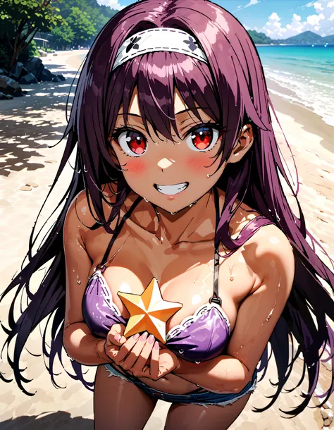 yuukikonno, Konno Yuuki,  Hair Band ,  long hair,  holding a star ,  purple hair,  red eyes,smile,blush, grin ,purple string bikini swimsuit , denim micro shorts,Bare legs, wet肌, wet水着, wet髪, wet, tan, standing, brown skin,whole bodyがイラストに入るように,
break look...