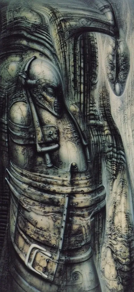 DARK BLACK COLORS, Giger_style, H. R. Giger's g1g3r, , Giger_style, The image is a detailed view of H.R. Giger's \" HRG Aleph \" plate, featuring ( The image depicts intricate, organic-like mechanical structures with a dark, metallic appearance, resembling...