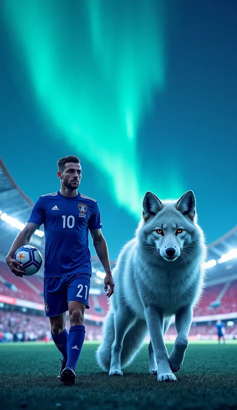 Iceland (Gylfi Sigurðsson)
"Gylfi Sigurðsson strides in his blue Iceland jersey, carrying a football. Next to him, a huge towering colossal Arctic fox with glowing icy blue eyes and fiery white fur prowls. The Laugardalsvöllur Stadium gleams under the auro...