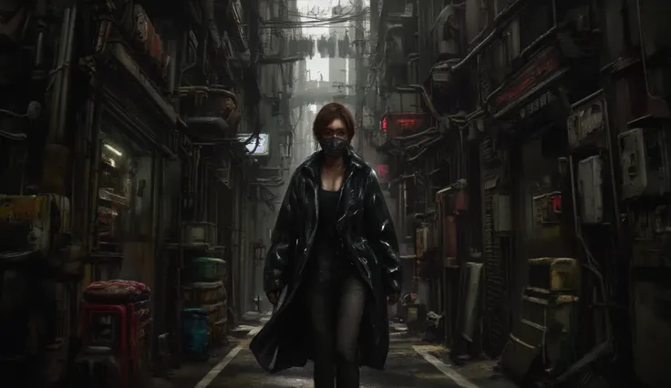 Anime scene of a girl in a black coat and a surgical mask walking down a narrow alley,  cyberpunk horror style , Cyberpunk Streets in japan, Hyperrealistic cyberpunk style , Hiroshima cyberpunk , Cyberpunk Street, cyberpunk anime art, Modern cyberpunk anim...