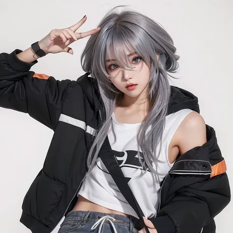 anime girl with grey hair and black jacket posing for a picture, cyberpunk anime girl in hoodie, 