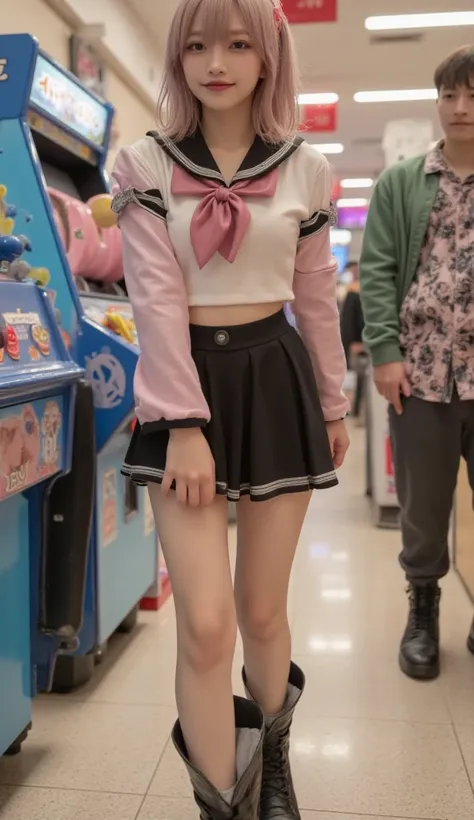 A highly realistic depiction of a Japanese person, 18-year-old female, with medium-length hair in a pale pink loose wave perm, full body depiction, wearing a stewardess outfit suitable for a performance, a miniskirt and short boots, walking through an arca...