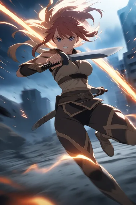 An action-packed anime scene with a female warrior jumping diagonally across the frame, wielding a sword with energy trails, a dramatic fiery battlefield in the background, dynamic lighting and movement