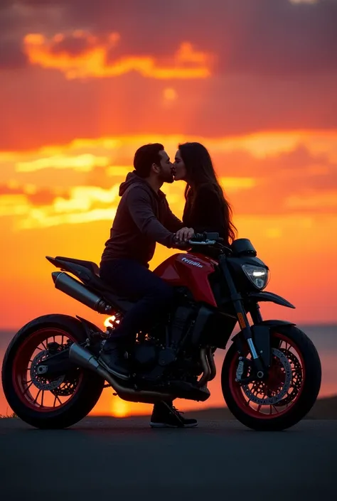 Create a fantic motard motorcycle with red and black Pirelli tires with a couple in love on it who kiss during a sunset 