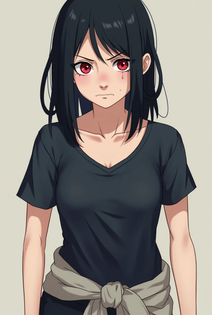 Create a picture of Suka Hatori she is drawn in Naruto style has medium length black hair and red eyes she is wearing ninja clothes and looks very bored and annoyed 