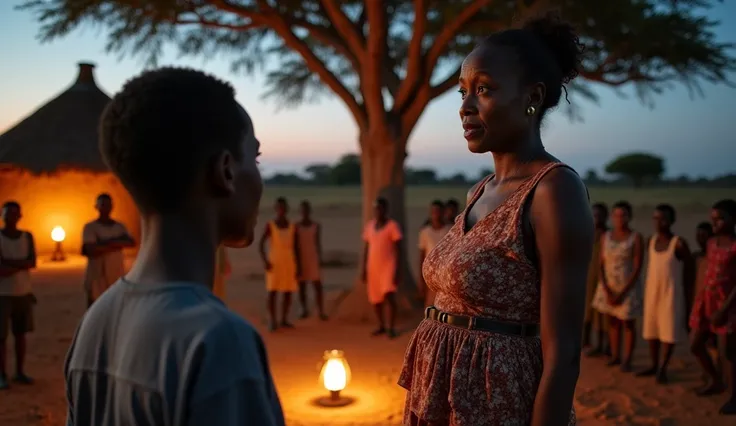 A middle-aged African mother with a confident and determined expression addresses a group of villagers gathered under a large tree in a rural African community at dusk. The villagers appear concerned, listening intently, while the background features simpl...