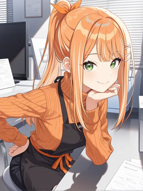 (masterpiece),(best quality),(ultra-detailed),(best illustration),(best shadow),(absurdres),(detailed background),(very aesthetic),1girl, shiun sumika, mole under eye, higher ponytail, solo, looking at viewer, orange turtleneck sweater, black apron, orange...