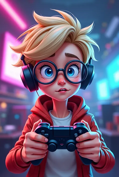  Create a cartoon gamer with glasses and light hair and with control in your hand
