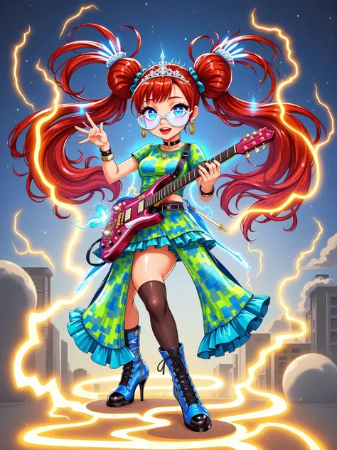 (masterpiece, best quality, intricate details), cartoon hand-drawn style, (1girl), solo composition, surrounded by vibrant (lightning energy) and (electricity elements). The character wears a sparkling (love tiara) and oversized (heart-shaped glasses), wit...