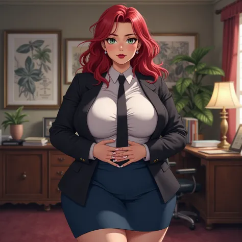 Madura,Milf, young,(( large breasts 100cm )),( wide hips), red hair face, light green eyes , lips painted red , secretarial clothing , dark colored suit , formal shirt and dress shoes ,  besides that you must wear a tie ,blue skirt ,((best quality)),(( bes...