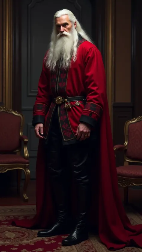 Generate an image of a 30 year old man. He is tall, lean, and handsome. He is has long platinum-white hair and purple eyes. He has a white beard. He is paranoid man. He has a paranoid look. He is a cruel and evil man. He is dressed richly in a red jerkin t...