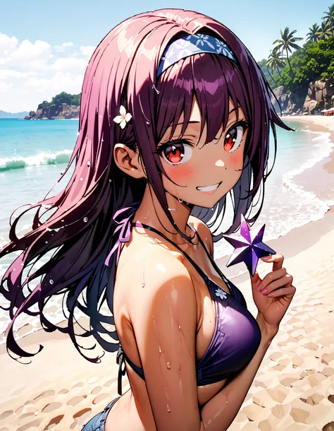 yuukikonno, Konno Yuuki,  Hair Band ,  long hair,  holding a star ,  purple hair,  red eyes,smile,blush, grin ,purple string bikini swimsuit , denim micro shorts,Bare legs, wet肌, wet水着, wet髪, wet, tan, standing, brown skin,whole bodyがイラストに入るように,
break look...