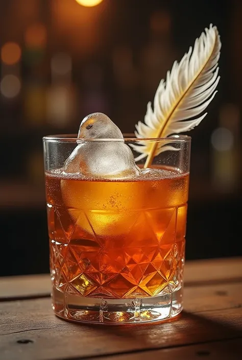 An high quality picture of a exotic drink inspired by birds,its some kind of whiskie, it's has a bird shape ice in the drink, and some feather on top, it's a fantasy drink,make it unique,background Design old bar and pirates vibe and sea, (Photorealistic),...