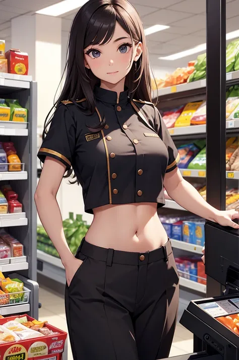 Cashier girl, crop top cashier uniform, showing navel,  supermarket, behind the cashier, exposed abdomen area, 33 years-olds